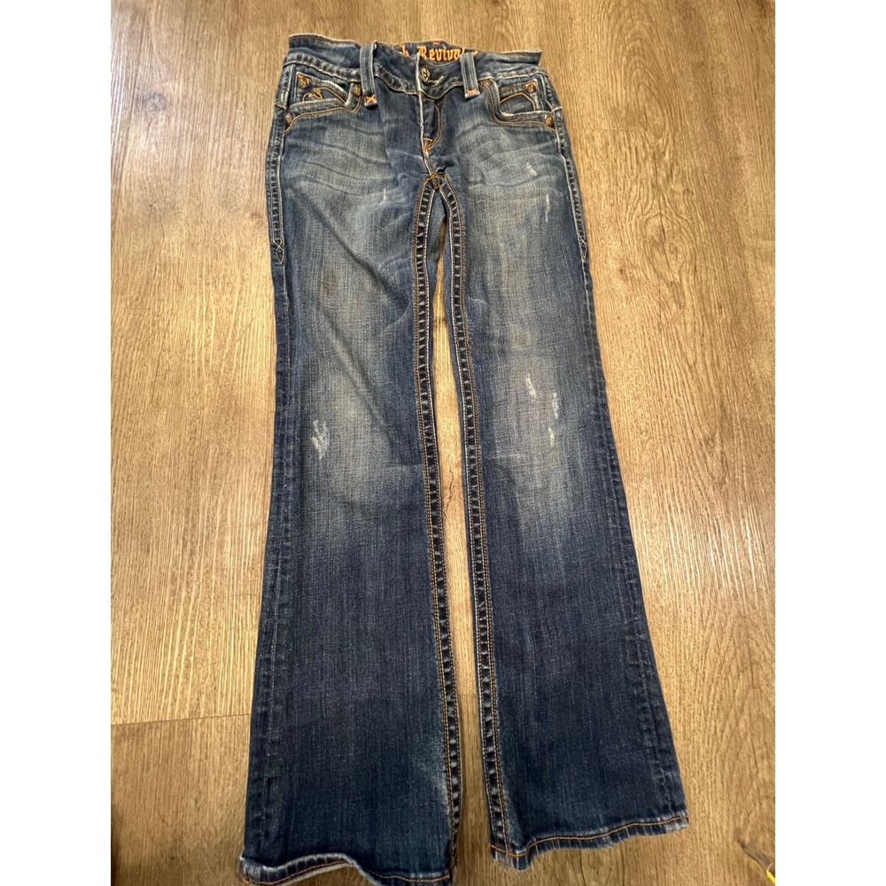 Rock Revival Chrissie Bootcut Jeans Womens 27 Medium Wash Blue Embroidered Flap